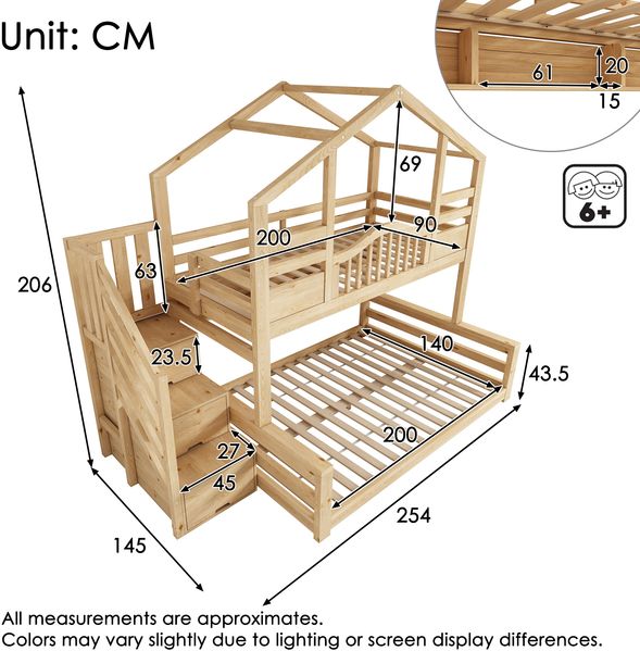Merax Etagenbett 90x200cm oben 140x200cm unten Hausbett Kinderbett mit Treppenschrank Stauraum Regalen sicherer Aufstieg, Holzfarbe Bild 4