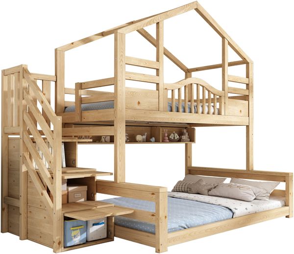 Merax Etagenbett 90x200cm oben 140x200cm unten Hausbett Kinderbett mit Treppenschrank Stauraum Regalen sicherer Aufstieg, Holzfarbe Bild 10