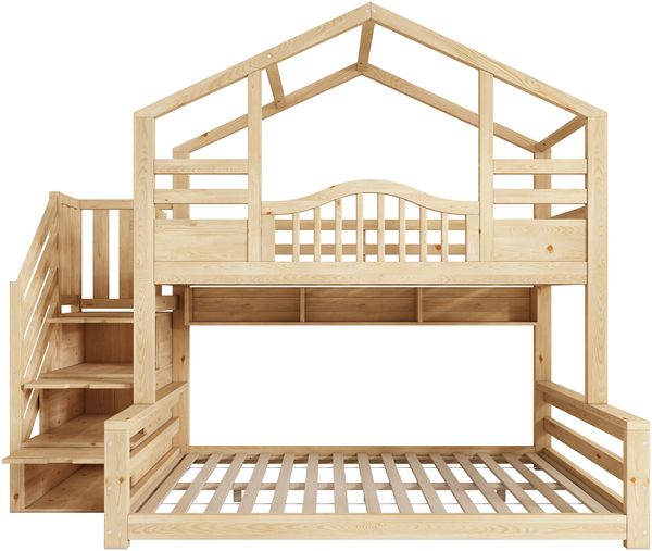 Merax Etagenbett 90x200cm oben 140x200cm unten Hausbett Kinderbett mit Treppenschrank Stauraum Regalen sicherer Aufstieg, Holzfarbe Bild 8