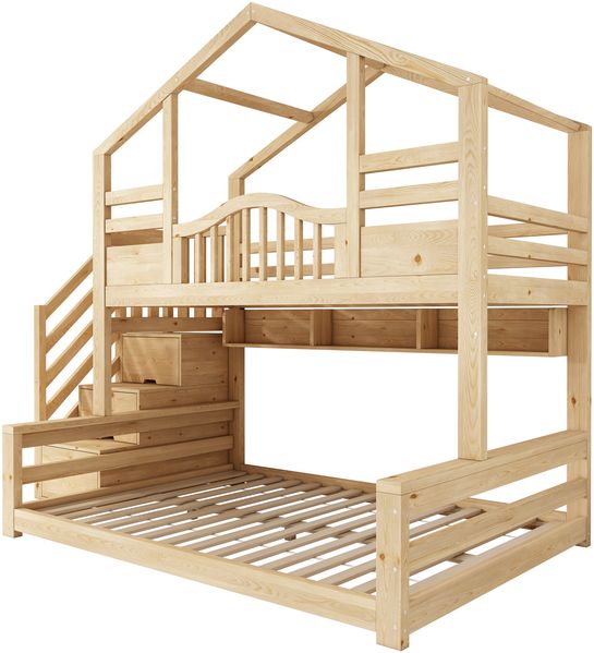 Merax Etagenbett 90x200cm oben 140x200cm unten Hausbett Kinderbett mit Treppenschrank Stauraum Regalen sicherer Aufstieg, Holzfarbe Bild 7