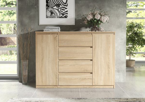 Raumhirsch Furniture Kommode, Sideboard, Kommode für das Schlafzimmer - Wohnzimmer (Maße: 138,5 × 39 × 101,5 cm, 2 Türen, 4 Schubladen, Rollenschienen), viele Farbvarianten - Hochwertig & stabil
