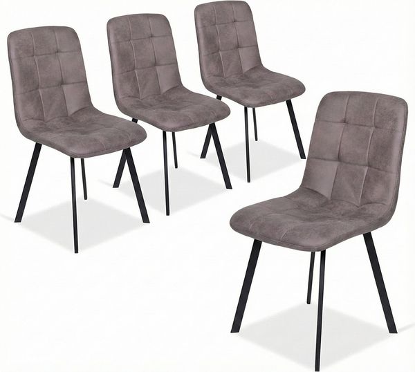 Liadomo Polsterstuhl Lissabon, Armlehnstuhl, Küchenstuhl, Stuhl, Stühle (4er Set), grauer Textilbezug in Leder-Optik mit Steppung, Metallfüße in Schwarz