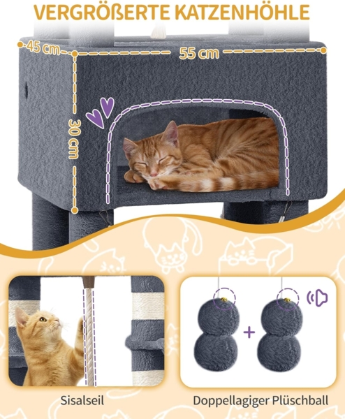 Kratzbaum, 176cm Katzenbaum, XL, 3 Plattformen, 2 Höhlen, 7 Kratzsäulen, Hängematte, Plüschbälle, Katzenkratzbaum für Mehrkatzenhaushalte, Dunkelgrau Bild 4