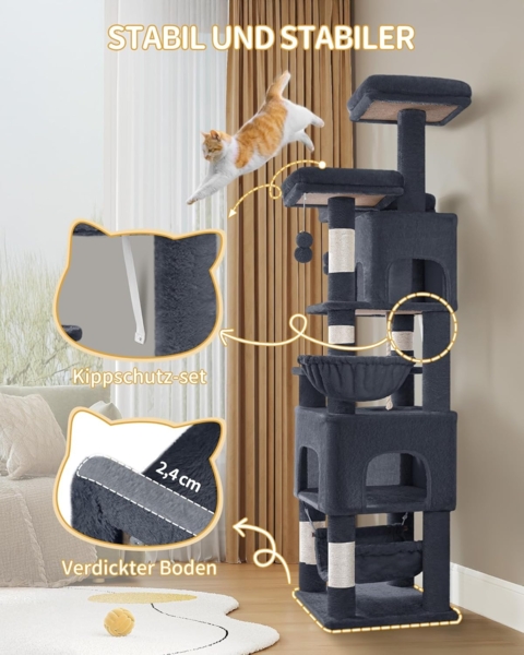 Kratzbaum, 176cm Katzenbaum, XL, 3 Plattformen, 2 Höhlen, 7 Kratzsäulen, Hängematte, Plüschbälle, Katzenkratzbaum für Mehrkatzenhaushalte, Dunkelgrau Bild 6