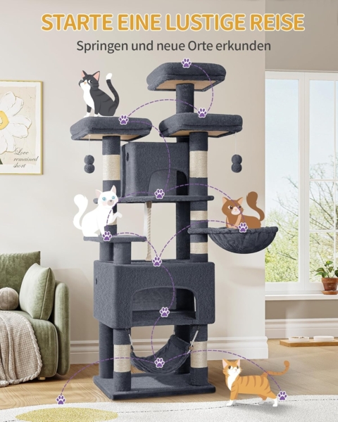 Kratzbaum, 176cm Katzenbaum, XL, 3 Plattformen, 2 Höhlen, 7 Kratzsäulen, Hängematte, Plüschbälle, Katzenkratzbaum für Mehrkatzenhaushalte, Dunkelgrau Bild 2
