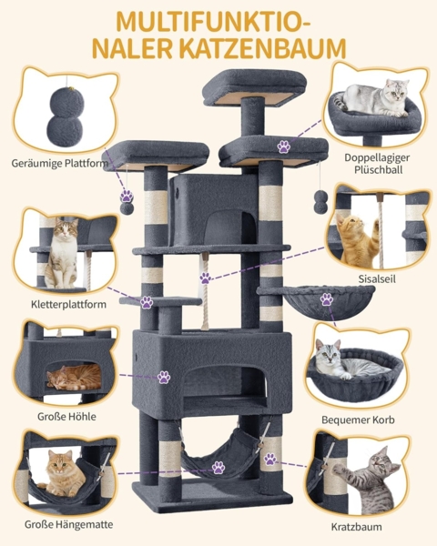 Kratzbaum, 176cm Katzenbaum, XL, 3 Plattformen, 2 Höhlen, 7 Kratzsäulen, Hängematte, Plüschbälle, Katzenkratzbaum für Mehrkatzenhaushalte, Dunkelgrau Bild 5
