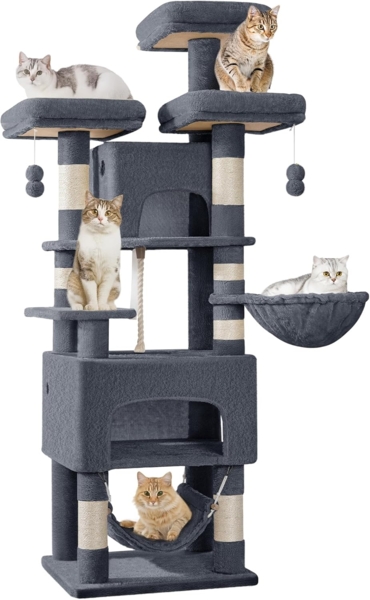 Kratzbaum, 176cm Katzenbaum, XL, 3 Plattformen, 2 Höhlen, 7 Kratzsäulen, Hängematte, Plüschbälle, Katzenkratzbaum für Mehrkatzenhaushalte, Dunkelgrau Bild 1