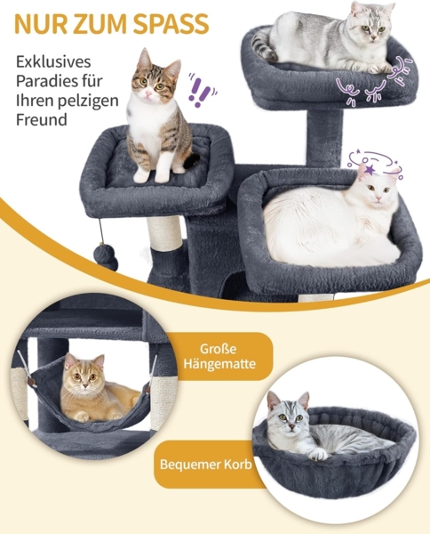 Kratzbaum, 176cm Katzenbaum, XL, 3 Plattformen, 2 Höhlen, 7 Kratzsäulen, Hängematte, Plüschbälle, Katzenkratzbaum für Mehrkatzenhaushalte, Dunkelgrau Bild 3