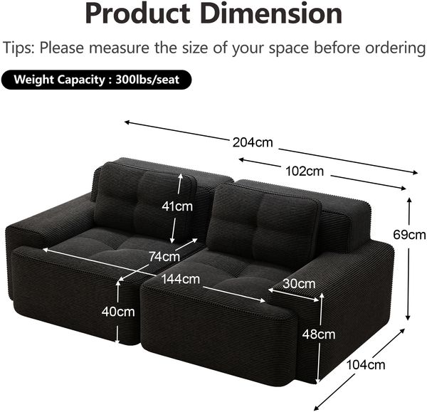 Flieks 2-Sitzer Sofa, Modular Schlafsofa, Tiefsofa Loveseat mit 2 Kissen, Cord, Schwarz Bild 4