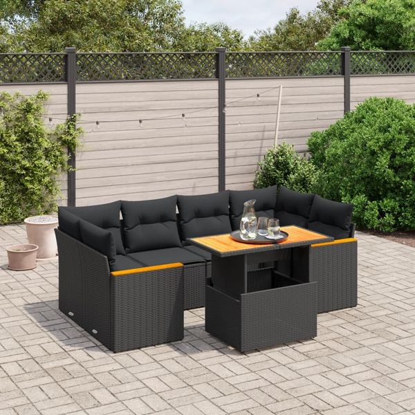vidaXL 7-tlg. Garten-Sofagarnitur mit Kissen Schwarz Poly Rattan 3272973