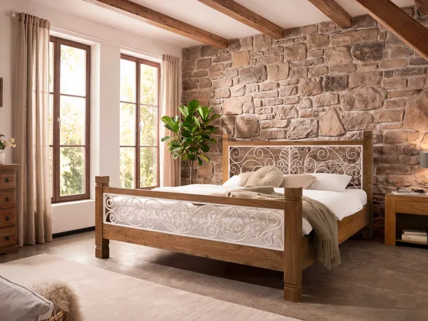 Bett Tasmania 180x200 cm massivum Massivholz Akazie braun Doppelbett Holzbett Bettgestell Bettrahmen Metallkopfteil Landhausstil Boho 188x115x220 cm