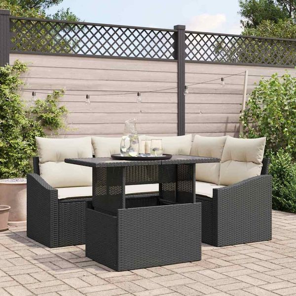 vidaXL Garten-Sofa-Set mit Kissen mit Speicher 5 pcs Schwarz und Creme 3357730