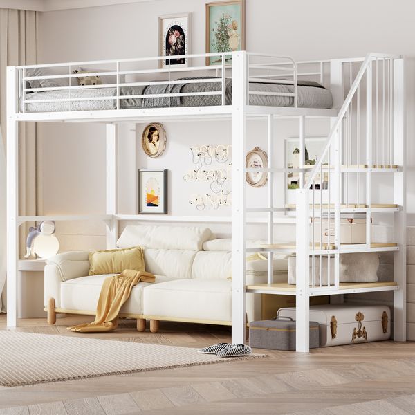 Hochbett 90 x 200 Stabile Metallkonstruktion mit geräumigem Stauraum unter dem Bett und Treppe Ideal für Kinder und Erwachsene Stauraumbett für maximale Platzeffizienz