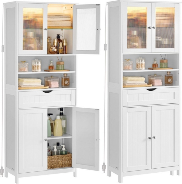 VASAGLE Badezimmerschrank mit LED-Beleuchtung, Badschrank, Aufbewahrungsschrank mit verstellbaren Ablagen, Schublade, offenen Fächern, für Badezimmer, Wohnzimmer, Esszimmer, wolkenweiß BBC767W03