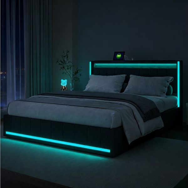 PXloue Polsterbett LED-Bett mit Stauraum und Ladeanschluss (Geeignet für Jugendliche und Erwachsene), Fernbedienung für LED-Farben und sicheres Leinenmaterial.