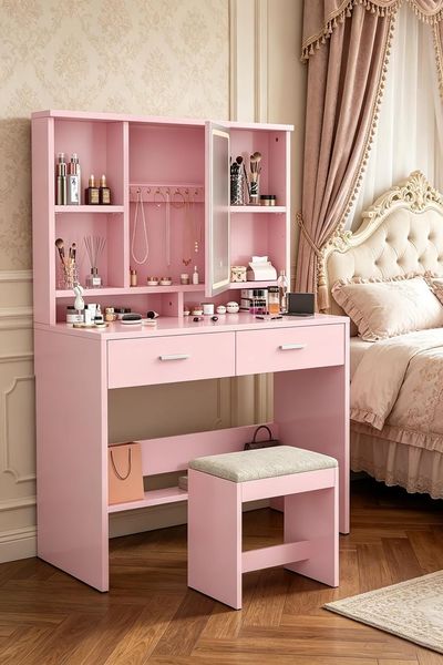 JUMMICO Schminktisch mit LED Beleuchtung Spiegel, Verstellbar Helligkeitsgeregeltem, Frisiertisch mit 2 Schubladen, Verstellbaren Regalen, Schmuckablage, Modernem Stil (Rosa Schminktisch+Hocker)
