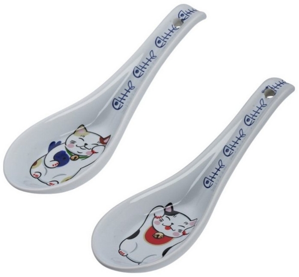 WestCraft Reislöffel Maneki Neko Suppen-Löffel 2er-Set – Kawaii Glückskatze Japan blau rot, Japanisches Design, hochwertiges Porzellan – für Suppe, Reis & Ramen