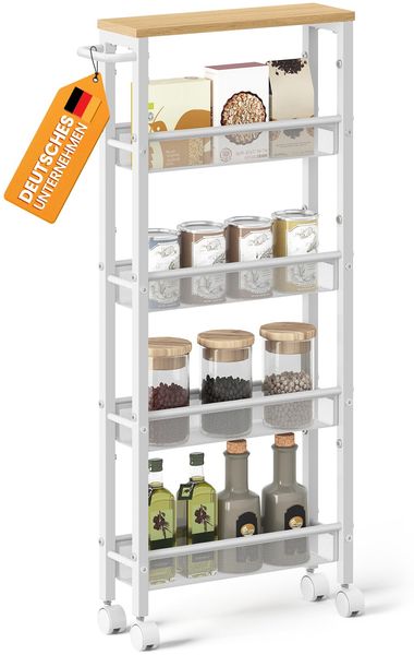 VASAGLE Rollwagen 5 Ebenen, Küchenwagen schmal, Nischenregal auf Rollen, Stahl, Griff, für kleine Räume, 13 x 45,4 x 99,6 cm, Küche, Bad, Wohnzimmer, Arbeitszimmer, eichenfarben-weiß LRC034W09