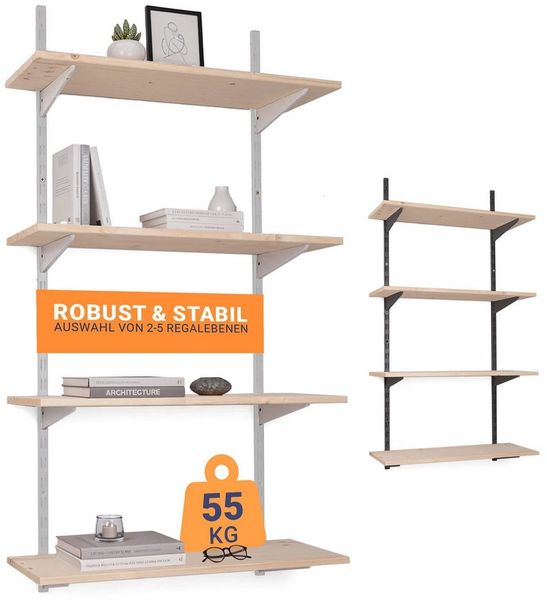 BOOMET Wandregal Metall Regal mit Fichtenböden · Regalsystem in 50 Größen · Weiß, 80 9-tlg, Bausatz · Wandschienen Regalsystem · Regalträger Schienensystem