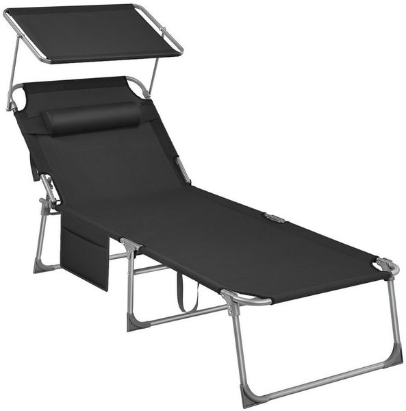 Songmics Gartenliege klappbar, mit Kopfstütze und verstellbarer Rückenlehne, 1x Sonnenliege, mit Seitentasche, Schwarz, 71 x 200 x 38 cm Bild 5