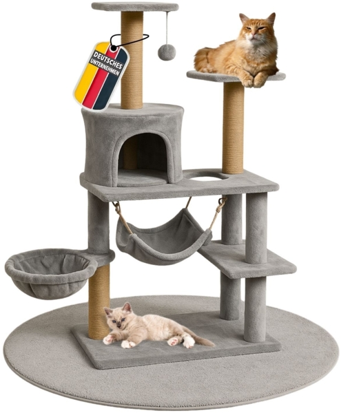 Coemo Kratzbaum für Katzen, mit Hängematten, Schlafhöhle, Ruheplatz, Sisal Stamm Grau