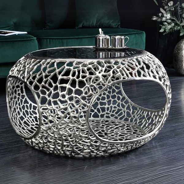 Design Couchtisch RIXOS 75cm Metall silber Handarbeit Stauraum