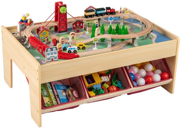 COSTWAY Kindertisch, Mit Stauraum, Holzeisenbahn-Set Tisch ab 3 Jahren