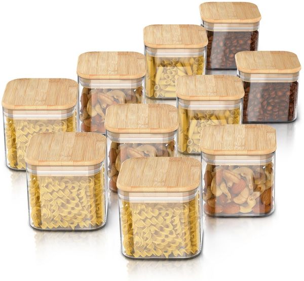 Arendo Aufbewahrungsbecher Glasbehälter-Set 10x 0,8 L Borosilikatglas mit Bambusdeckel, luftdicht, Borosilikatglas, Bambus, Silikon, (Vorratsbehälter-Set, 10-tlg, 10er Set), Hitzebeständig, umweltfreundlich, langlebig, mikrowellengeeignet