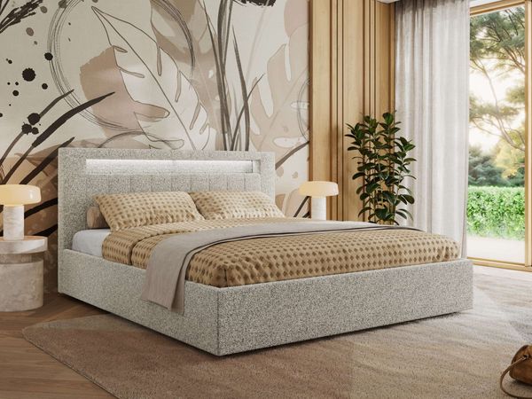 Polsterbett GOLD 5 CLASSIC 200 x 200 cm mit LED-Beleuchtung & Bettkasten, Doppelbett inkl. Lattenrost, Metall-Lift-System & Stauraum, Pocket Matratze - Hellgrau Struktur - VIRE LUX
