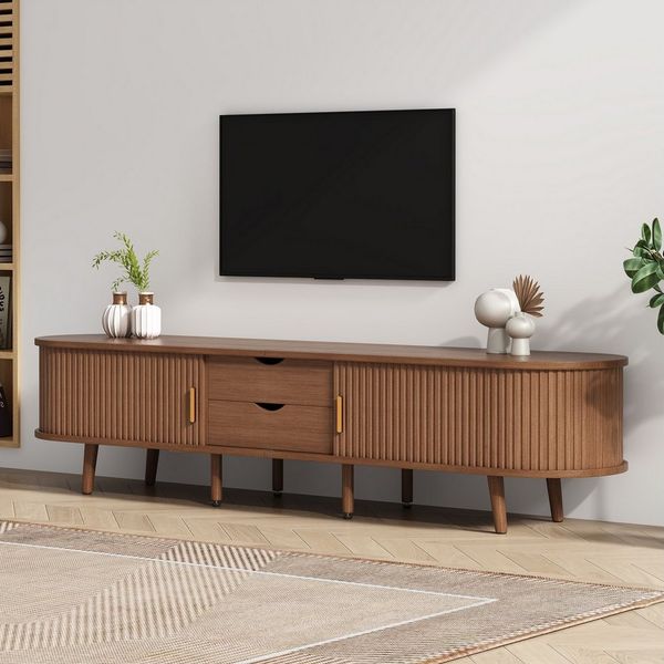 MODFU Lowboard TV-Schrank in Walnuss-MDF (Wohnzimmermöbel, TV-Panel, Fernsehschrank, Mehrzweckschrank, 1 St, 2 Schiebetüren, 2 Schubladen), mit geschwungene, vertikal geprägte Schiebetür