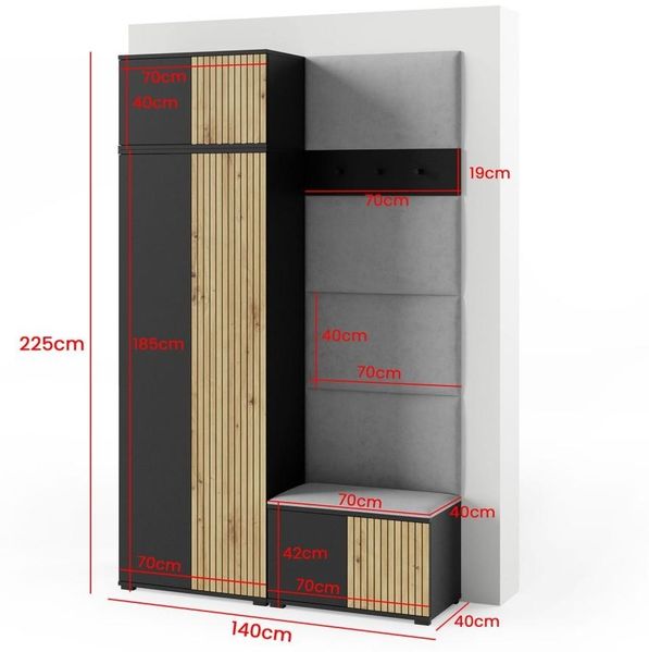 Garderoben-Set Rosario Version 2 mit Lamellen, Kleiderschrank mit Polsterplatten und Schuhschrank (Schwarz / Eiche Artisan, Trinity 14), 225 x 40 x 140 cm Bild 2