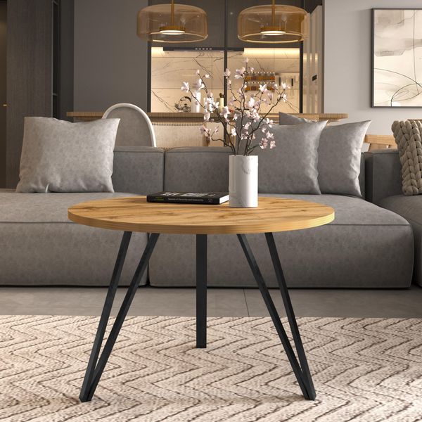 AX LIVING Couchtisch rund Cossie 67cm, Eiche, Schwarzes Metallgestell