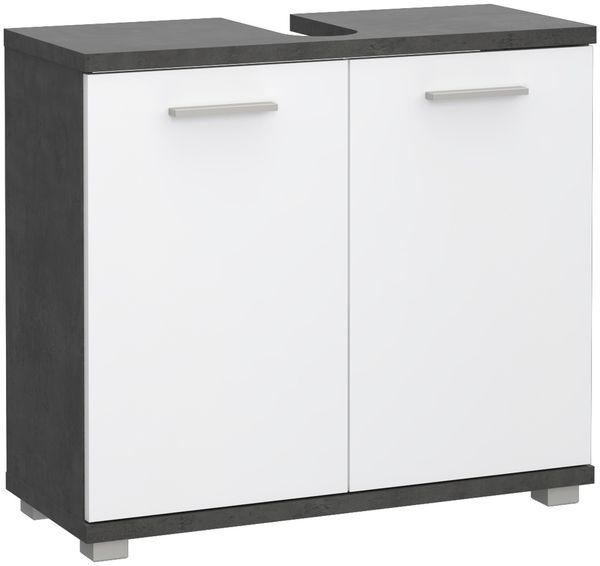Waschbeckenunterschrank >CHAMP< 2 Türen, Betonoptik Dunkelgrau / Weiss Glanz - 69,9x62x28,9cm (B/H/T)
