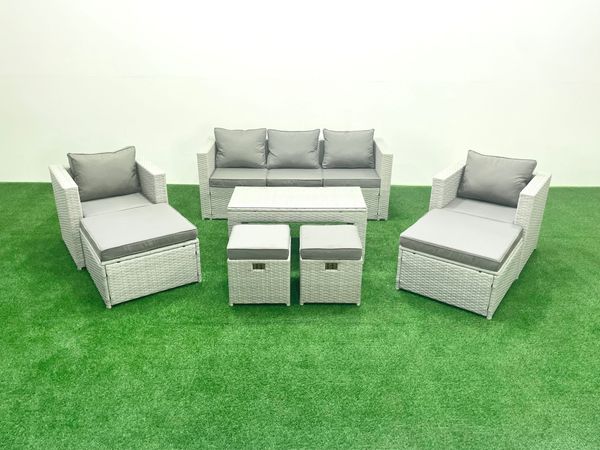 Fimous Polyrattan Gartensofa Set Couchtisch 4 Hockern Hellgrau gemischt 9-Sitzer