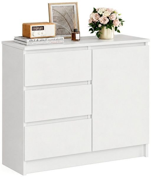 Yorbay Sideboard Weiß Kommode 80.5cm Beistellschrank mit 1 Türen und 3 Schubladen, 1 versteckten kleinen Schublade Maße:80.5x35x79cm