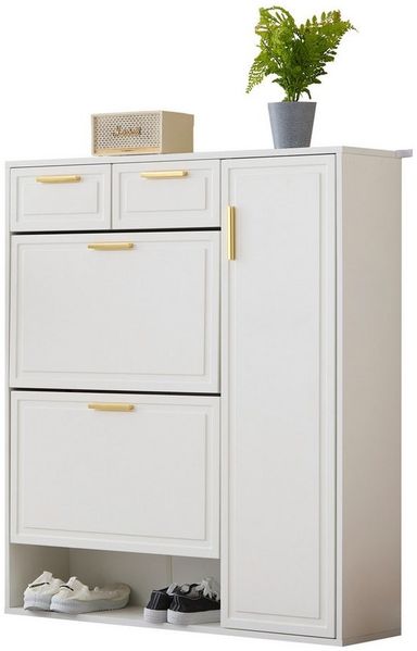 BlingBin Schuhschrank Schuhablage, Schuhkipper, Schuhkommode, Weiß (1er Set, 1-St, mit 2 Klappen, 2 Schubladen, 1 offenen Fach, 1 Tür) mit verstellbaren Regalen, Klappschuhschrank und Türen, 95x24x107,5 cm