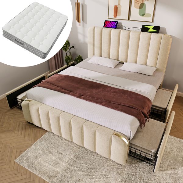 Polsterbett 140×200 cm aus Leinen-Stoff mit Matratze und vier Schubladen, beige