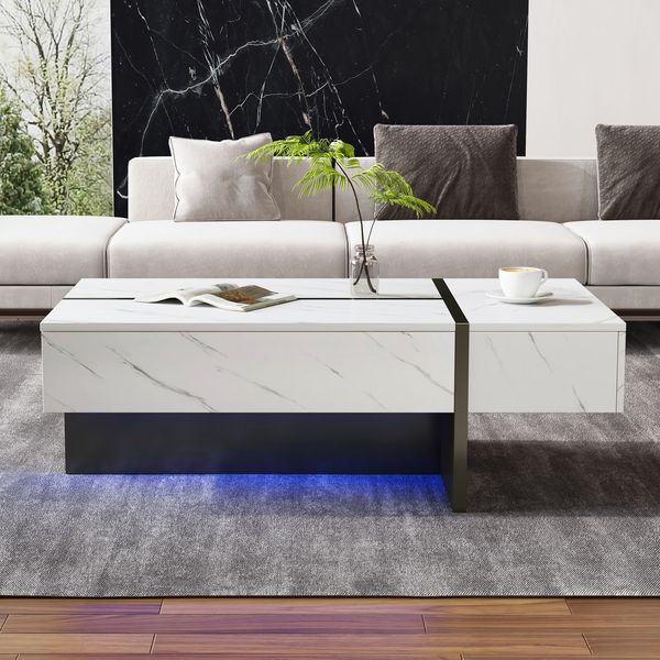 Couchtisch, Hochglanz mit LED-Beleuchtung & Marmormuster, 105x60x35 cm, Weiß