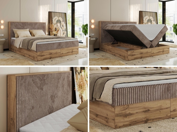 Doppelbett, Boxspringbett mit Bettkästen, Multipocket-Matratze und Topper, Set mit Kopfteil, Eiche Wotan Holzrahmen - WOOD CLASSIC - 160 x 200 cm - Braun Cord - H3 Bild 2