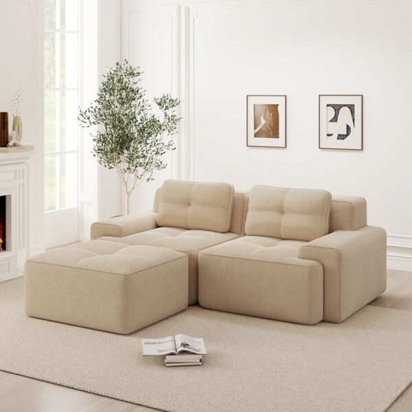 Boneless Modulsofa,Modernes L-förmiges Modulsofa für Wohnzimmer mit Tiefem Sitz bequemes Corduroy-Cloud-Sofa mit Ottoman Getuftetes Zweisitzer-Schlafsofa,Corduroy,Beige,