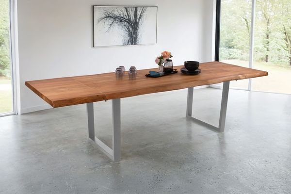 Esstisch Baumkante Akazie natur 160 (260) x 90 cm U-Gestell silber mit Ansteckplatten CALI 150443196