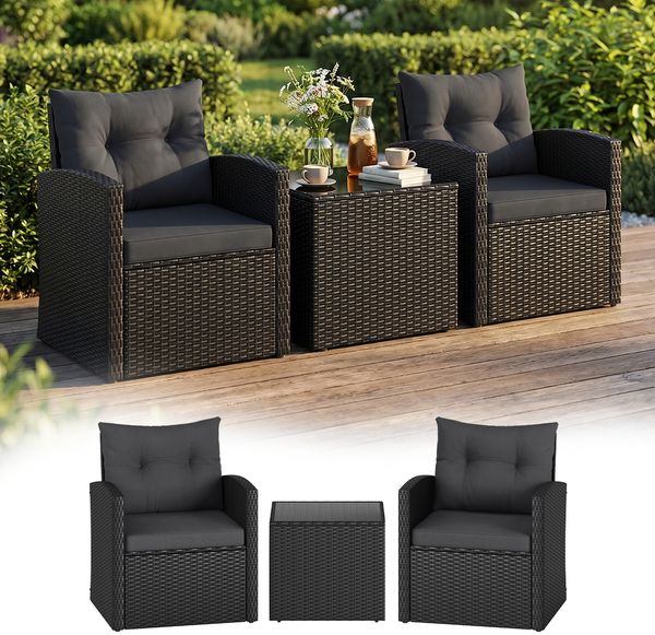 STEELSØN 'Selaria' Polyrattan Sitzgarnitur 3-tlg, Gartenmöbel Set aus 2 Stühlen und Tisch, Sitzgruppe inkl. Kissen, schwarz, wetterfest für 2 Personen