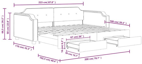 vidaXL Tagesbett Ausziehbar mit Schubladen Taupe 100x200 cm Stoff 3197678 Bild 12
