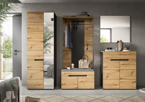 Home affaire Garderoben-Set REHAT, TOPSELLER!, 5-teilig, Breite 255 cm, individuell erweiterbar, (Set, 6-St, bestehend aus: Schrank, Sitzbank, Sitzkissen, Paneel, Spiegel, Kommode), Garderobenkombination, Kombination, Set, Flurgarderobe, Diele
