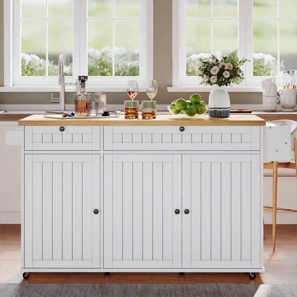 Flieks Küchenwagen Kücheninsel mit erweiterbarer Arbeitsplatte, Türregal und Rollen, (1 St), Servierwagen Küchenschrank Buffetschrank mit Schubladen Weiß