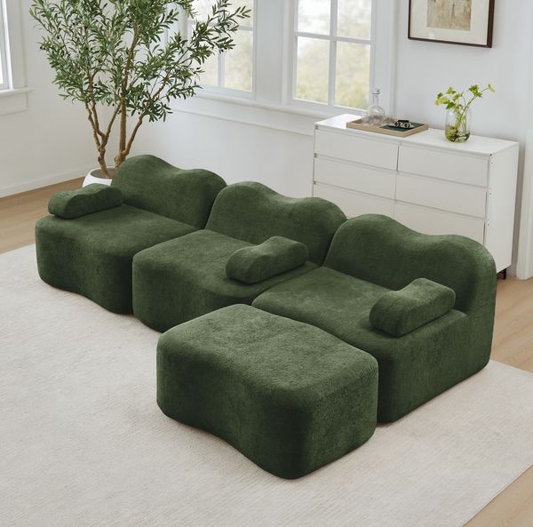 Ecksofa modular 70cm×288cm×167cm mit Ottoman – 3-Sitzer Wohnzimmersofa aus Samt in Grün, rahmenlos mit tiefer Sitzfläche