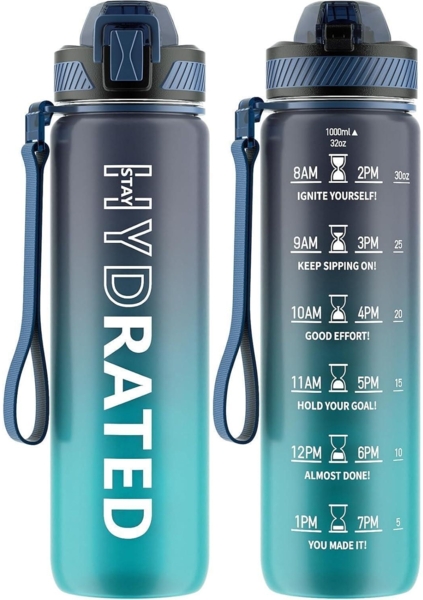 Trinkflasche 1L BPA-Frei Tritan Wasserflasche Strohhalm Zeitmarkierung