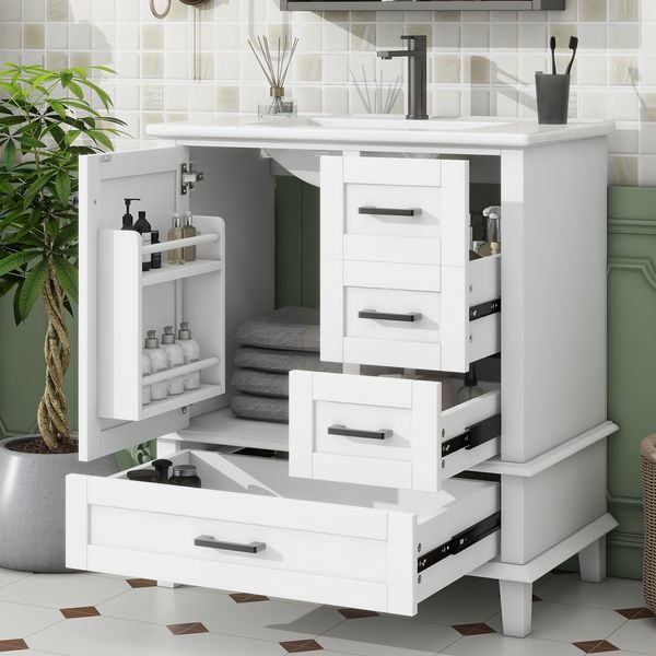 76x46x83,5cm Bodenstehender Badezimmerschrank mit Waschbecken, Waschtisch, Volllackierung, Türregal, drei geräuschlose Schubladen, integriertes Keramikwaschbecken, weiß