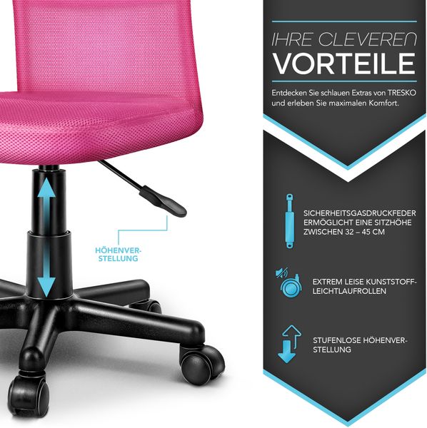 TRESKO Bürostuhl Schreibtischstuhl Drehstuhl, erhätlich in 7 Farbvarianten, mit Kunststoff-Leichtlaufrollen, stufenlos höhenverstellbar, gepolsterte Sitzfläche, Lift SGS-geprüft (Pink) Bild 2