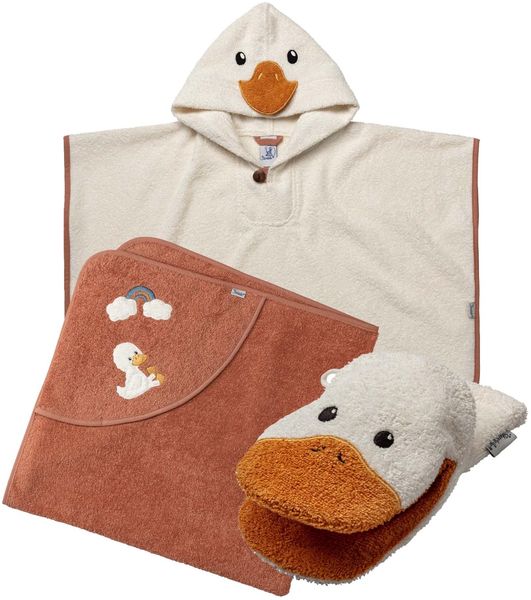 Sterntaler Multipack Frottee Ente Edda Set, Badeponcho, Kapuzenbadetuch 100x100 cm und Waschhandschuh in Entenform, saugfähige Baumwolle, weich & hautfreundlich